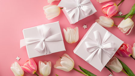 Mothers Day decorations concept. Top view photo of trendy gift boxes with ribbon bows and tulips on isolated pastel pink background with copyspaceの素材
