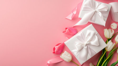 Mothers Day decorations concept. Top view photo of trendy gift boxes with ribbon bows and tulips on isolated pastel pink background with copyspaceの素材