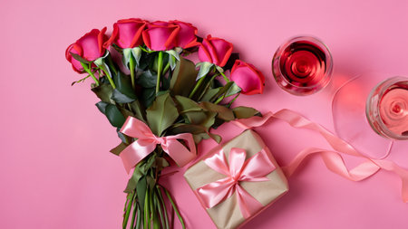 Top view of Valentines Day gift with wine and pink rose bouquet on pink background design conceptの素材