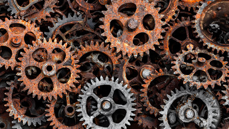 many old rusty metal gears or machine partsの素材