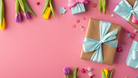 Mothers Day decorations concept. Top view photo of trendy gift boxes with ribbon bows and tulips on isolated pastel pink background with copyspaceの素材