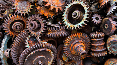 many old rusty metal gears or machine partsの素材