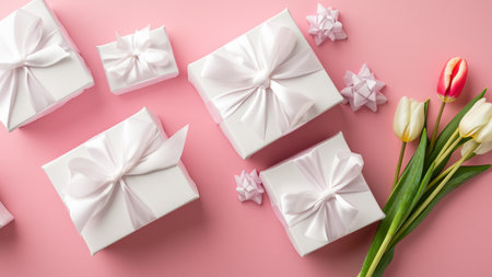 Mothers Day decorations concept. Top view photo of trendy gift boxes with ribbon bows and tulips on isolated pastel pink background with copyspaceの素材