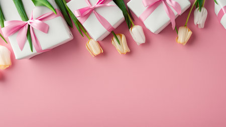 Mothers Day decorations concept. Top view photo of trendy gift boxes with ribbon bows and tulips on isolated pastel pink background with copyspaceの素材