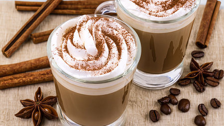 caffe latte with whipped cream, cinnamon and anise in a glassの素材