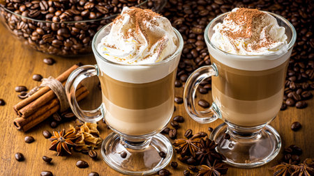caffe latte with whipped cream, cinnamon and anise in a glassの素材