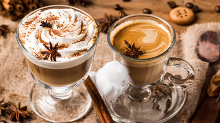 caffe latte with whipped cream, cinnamon and anise in a glassの素材