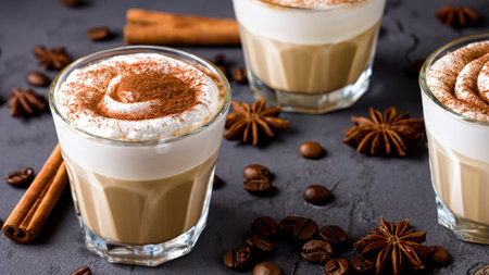 caffe latte with whipped cream, cinnamon and anise in a glassの素材