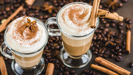 caffe latte with whipped cream, cinnamon and anise in a glassの素材