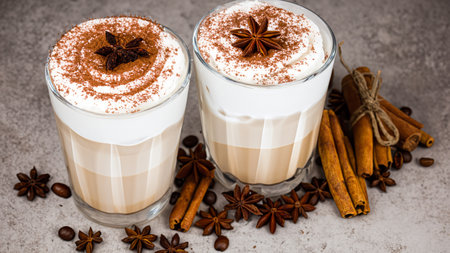 caffe latte with whipped cream, cinnamon and anise in a glassの素材