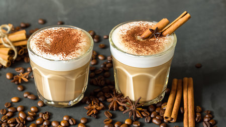 caffe latte with whipped cream, cinnamon and anise in a glassの素材