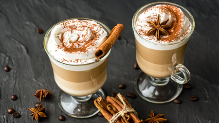 caffe latte with whipped cream, cinnamon and anise in a glassの素材