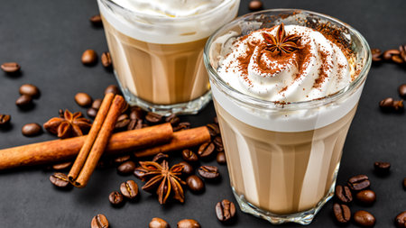 caffe latte with whipped cream, cinnamon and anise in a glassの素材