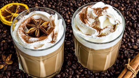 caffe latte with whipped cream, cinnamon and anise in a glassの素材