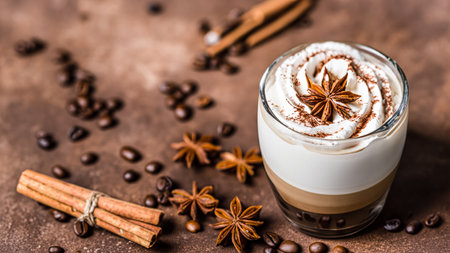 caffe latte with whipped cream, cinnamon and anise in a glassの素材