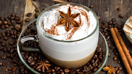caffe latte with whipped cream, cinnamon and anise in a glassの素材