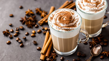 caffe latte with whipped cream, cinnamon and anise in a glassの素材