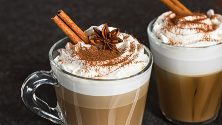 caffe latte with whipped cream, cinnamon and anise in a glassの素材
