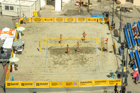Sibiu City, Romania - 14 July 2023. teams of players at the Beach Volleyball Tournament SIBIU SANDSのeditorial素材