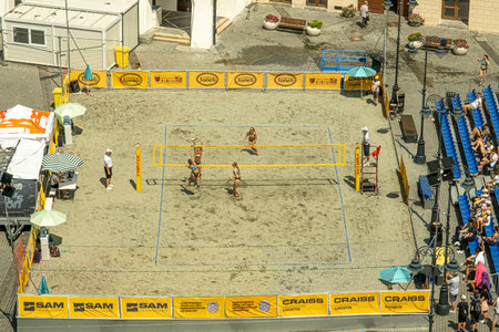 Sibiu City, Romania - 14 July 2023. teams of players at the Beach Volleyball Tournament SIBIU SANDSのeditorial素材