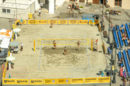 Sibiu City, Romania - 14 July 2023. teams of players at the Beach Volleyball Tournament SIBIU SANDSのeditorial素材