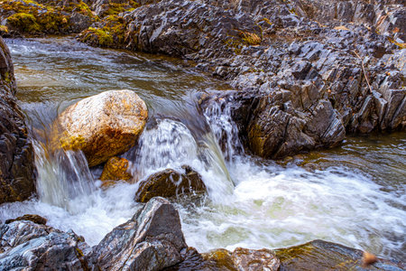 A mountain river flows between rocks in a cascade, Cindrel mountains, Sibiu, Romaniaの写真素材