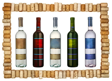 A frame made of Various Old Used corks plugs from various types of wine with bottles of wine with labels on white backgroundの写真素材