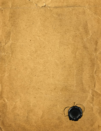 Aging, worn paper with water stains and seal wax with the cordの写真素材