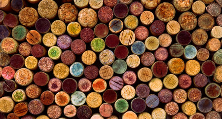 A random selection of used wine corks, some with vintage years. Top view format that fills the frame.の写真素材
