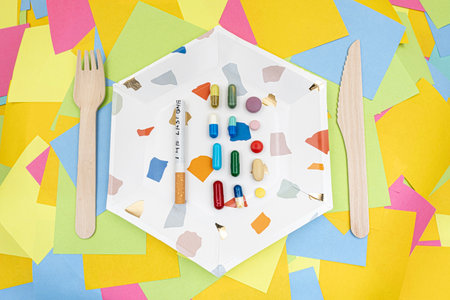 A plate of pills and cigarette to numb the pain on a background of multicolored paper sticky notesの写真素材