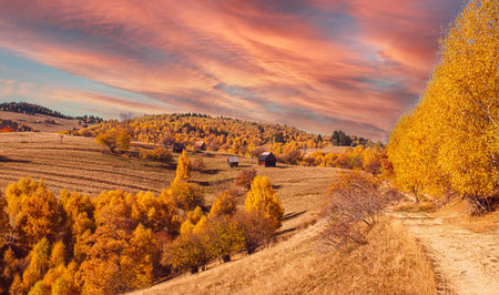 beautiful autumn landscapes in the Romanian mountains, Fantanele village area, Sibiu county, Cindrel mountains, Romaniaの写真素材