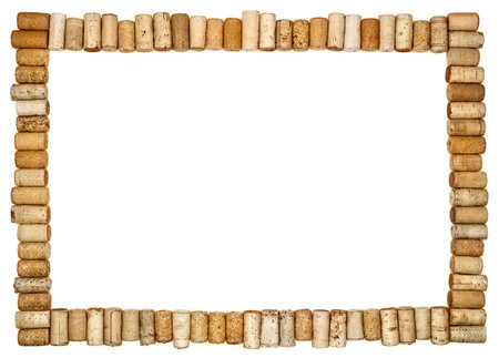 A frame made of Various Old Used corks plugs from various types of wine on white backgroundの写真素材