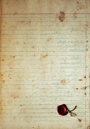 Aging, worn lined paper with water stains, rough edges and wax seal with stringの写真素材