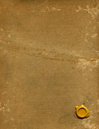 Aging, worn paper with water stains and seal wax with the cordの写真素材