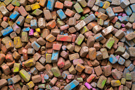 Colored pieces of chalk. Broken pieces of colored dirty chalkの写真素材