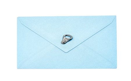 blue vintage paper envelope with aluminum Can ring pull isolated on the whiteの写真素材