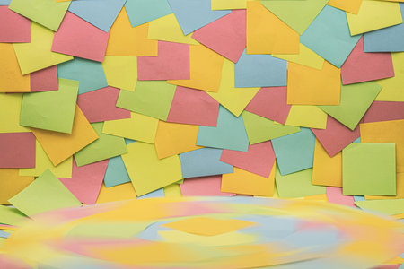 Colorful sticky notes on the board. Office work or reminder concepts.の写真素材
