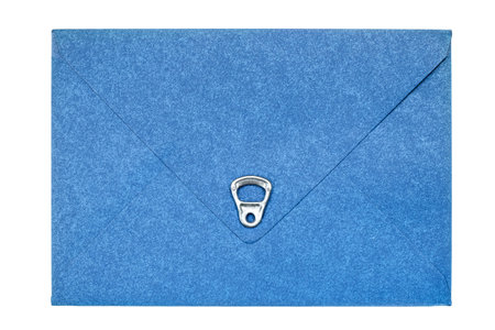 blue vintage paper envelope with aluminum Can ring pull isolated on the whiteの写真素材