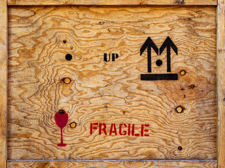 Fragile message type printed on old wooden boxの写真素材