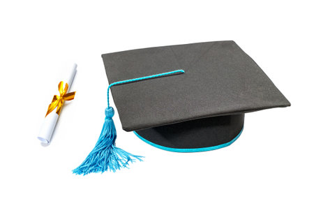 Graduation cap with diploma on white backgroundの写真素材