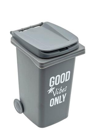 gray large plastic Trash can with GOOD VIBES ONLY text isolated on white backgroundの写真素材