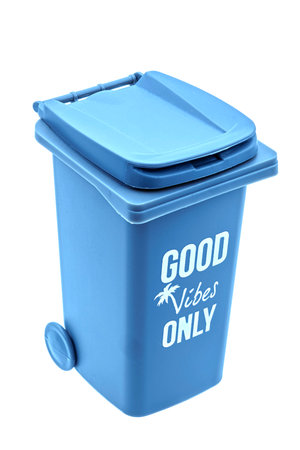 gray large plastic Trash can with GOOD VIBES ONLY text isolated on white backgroundの写真素材