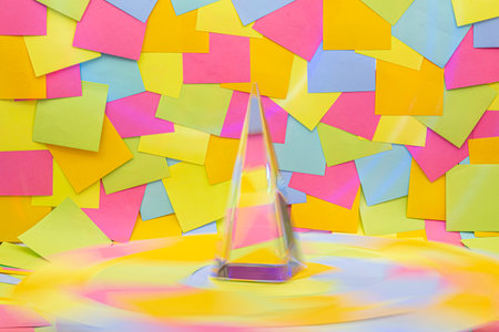 crystal pyramid spinning on Colorful sticky notes in backgroundの写真素材