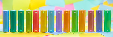 Cylindrical batteries of various colors with multicolored paper sticky notes on background