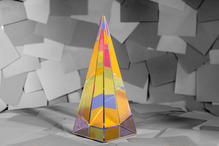 crystal pyramid on Colorful sticky notes in backgroundの写真素材