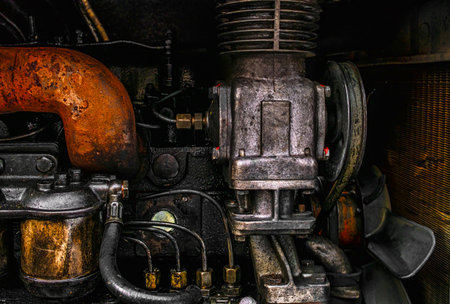 Detail of a dirty diesel engineの写真素材