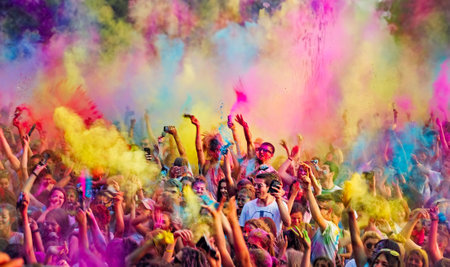 Ruse city, Bulgaria - June 28, 2017. Happy young people dancing and celebrating during Music and Colors festival. Panoramic view.のeditorial素材
