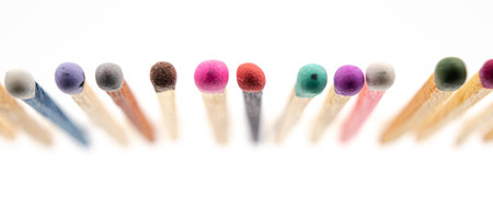matchsticks various colors on white background, selective focusの写真素材