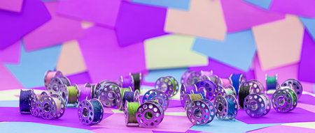 metal spools with Multicolored thread for sewing machine on a  table with multicolored paper sticky...