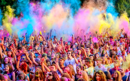 Ruse city, Bulgaria - June 28, 2017. Happy young people dancing and celebrating during Music and Colors festival. Panoramic view.のeditorial素材
